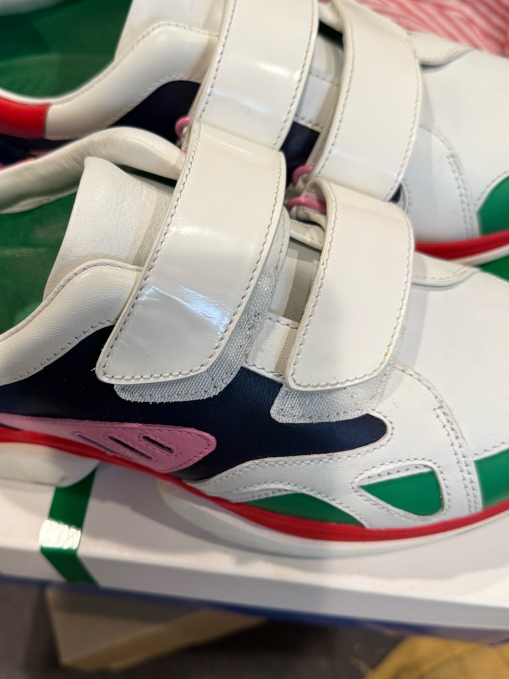 Tory Sport White Leather Sneakers with Green, Red, Navy & Pink Accents